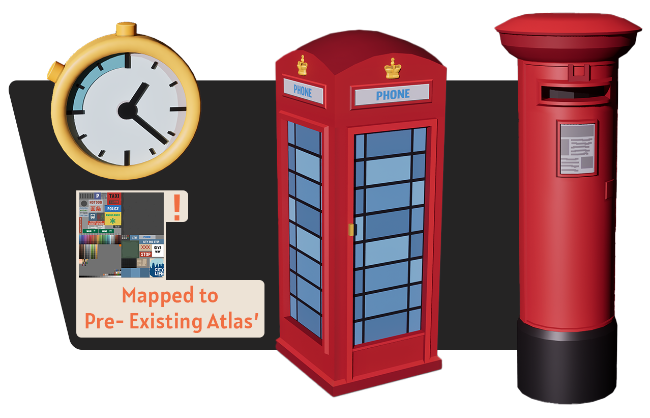 Stopwatch, phone box and post box game assets
