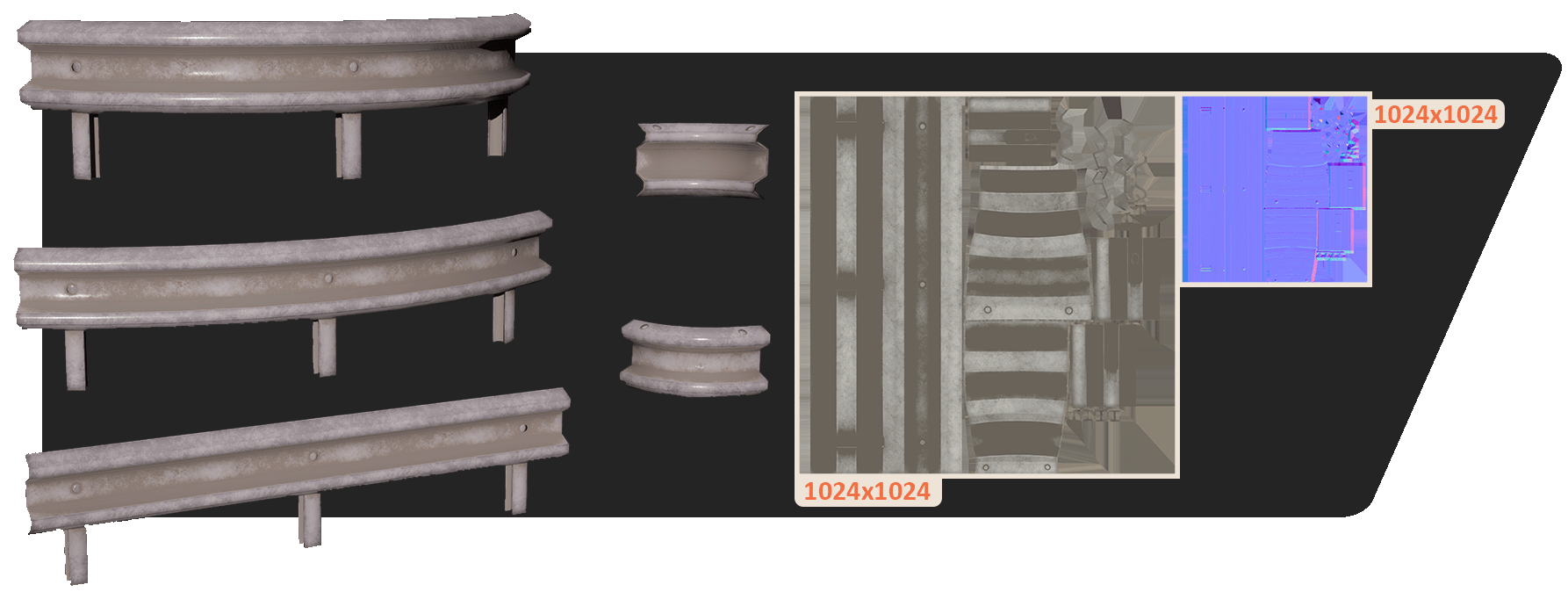 Modular road barrier assets with texture maps