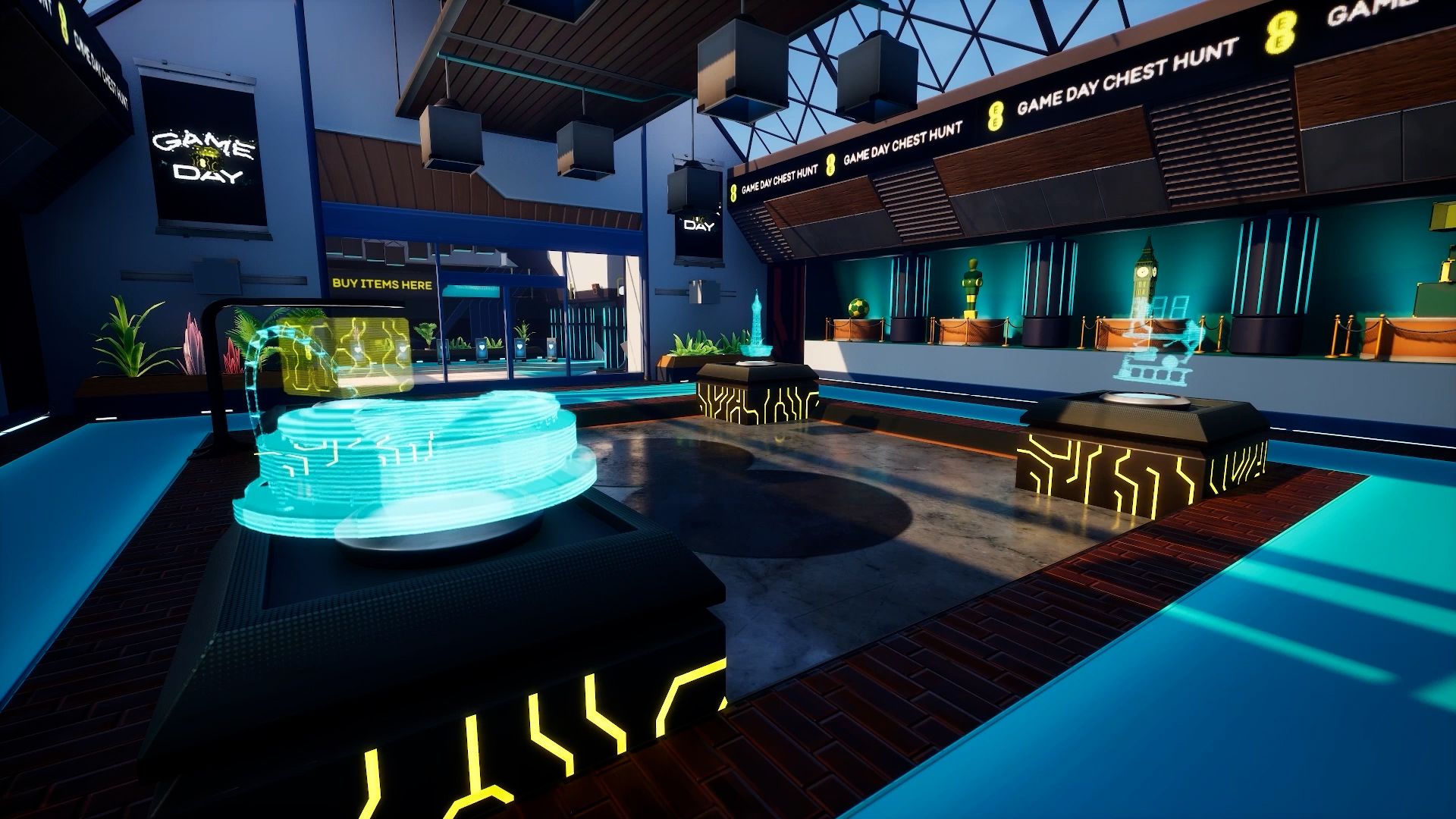 GameDay lobby display area with holographic landmarks